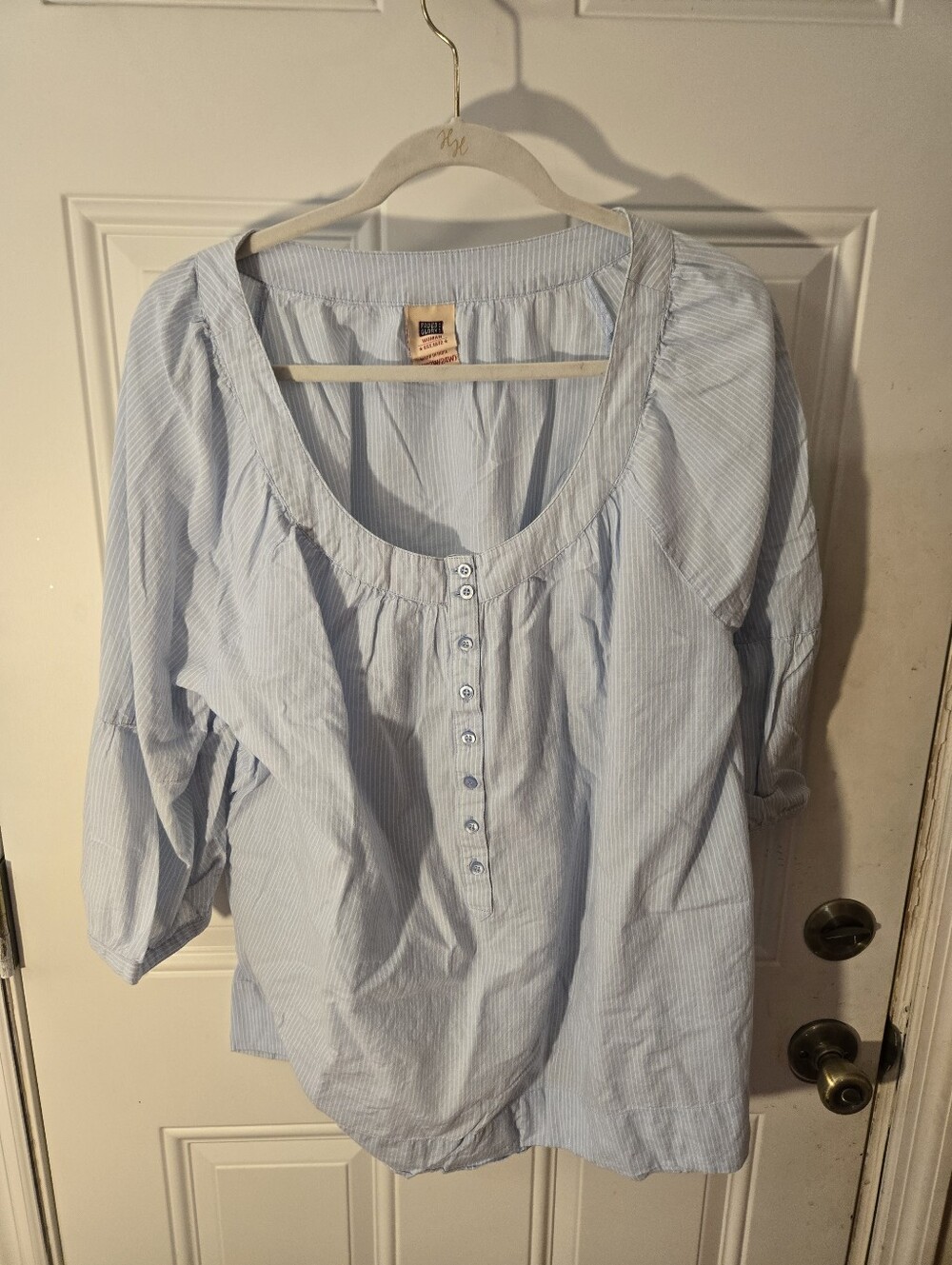 Vintage Faded Glory Womens Size 3X 100% Cotton Light Blue White Blouse